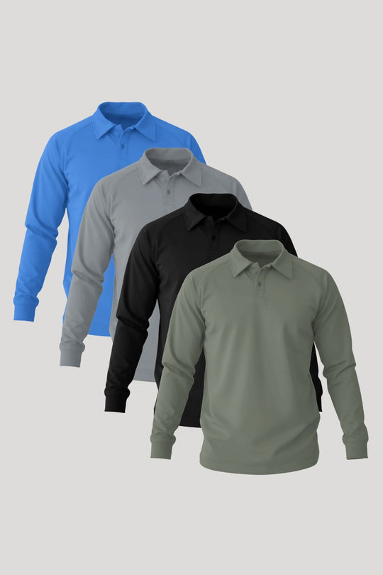 Paket od 4 Prime Polo Dugi Rukav majice (Cloudtone • Moss Green • Nebo Plava • Crna) - Fortis